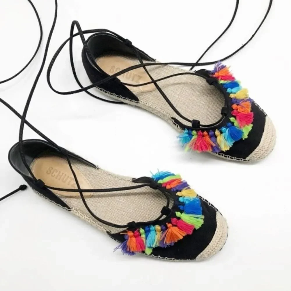 SCHUTZ Asha Black Suede Tassel Flat Espadrille